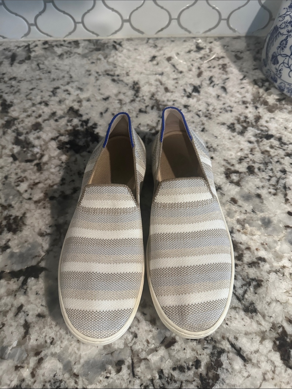 Rothy's Women's Slip-On Sneakers in Cream and Light Gray Stripe with Blue Trim